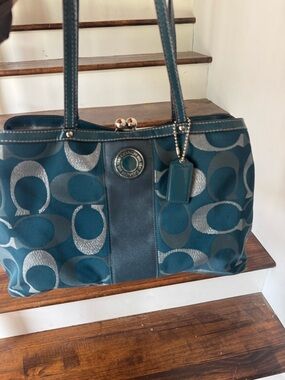 COACH Teal Signature Logo Kisslock Bag